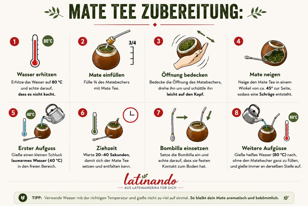 Mate Tee Zubereitung Schritt für Schritt mit Kalebasse, Bombilla und Yerba Mate